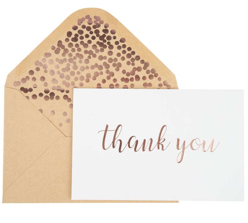 CHRIZ.Z Thank You Cards - Blank 50 Pack White Cards with Rose Gold Foiled Thank You Printed with 52 Foil Embossed Kraft Envelopes 4" x 6" - for Wedding Bridal Shower Baby Shower Birthday Party - Image 1